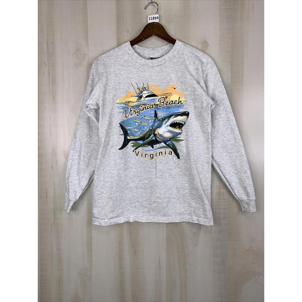Vintage 90s Jensen Virginia Beach Virginia Shark Graphic Long Sleeve Shirt Small